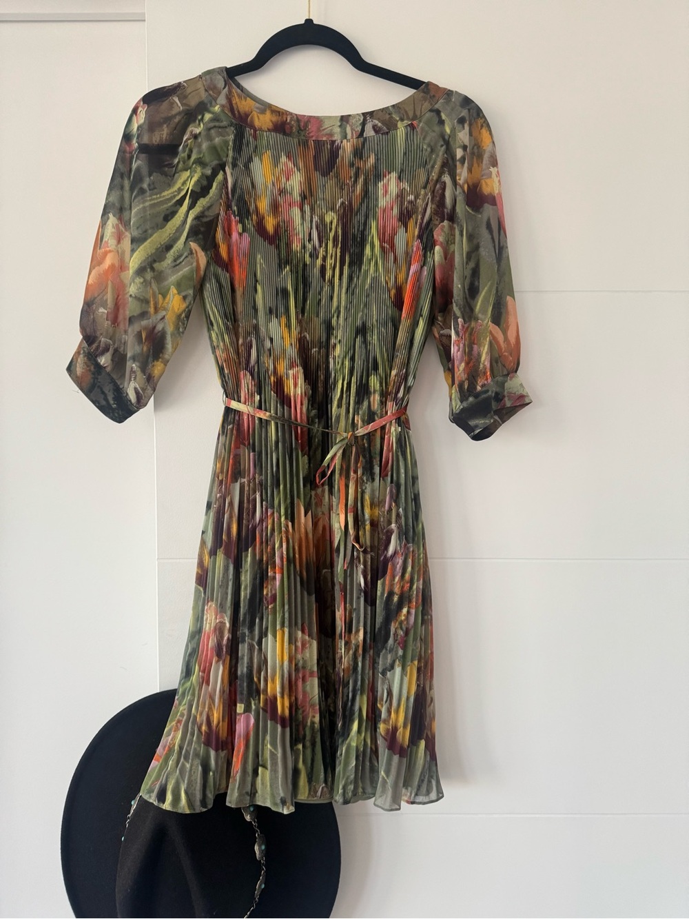 Ted Baker Olive Green Floral Pleated Midi Dress